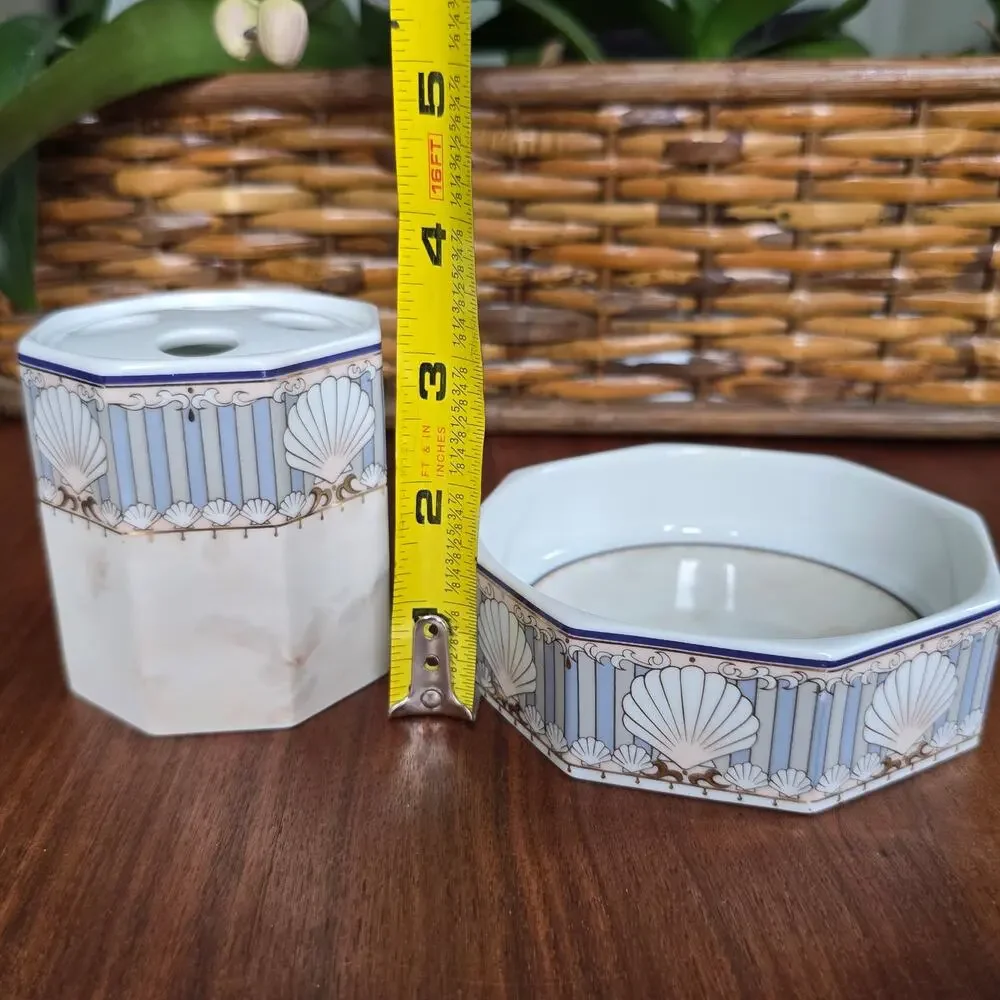 Vintage Andre Richard St Tropez Soap Dish Toothbrush Holder Marble Stripe Shells